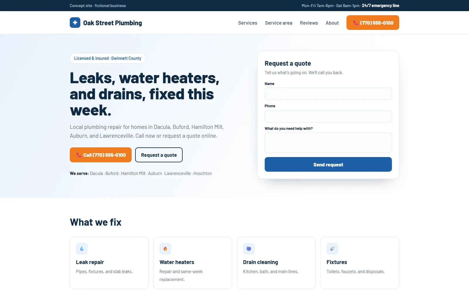 Redesigned concept homepage with a call button, towns served, and a quote form
